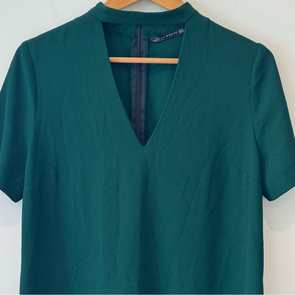 Zara Womens M Choker V Neck Plunge Shift Mini Dress Forest Green Boho Short Fun - Picture 5 of 14